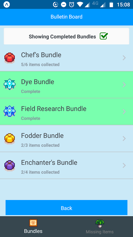 Stardew Valley Bundle Tracker app showing Community Center bundle checklist