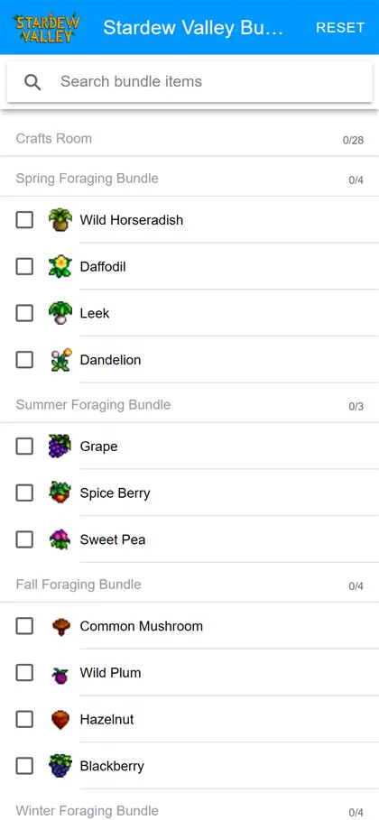 Stardew Valley Bundle Tracker app showing Community Center bundle checklist